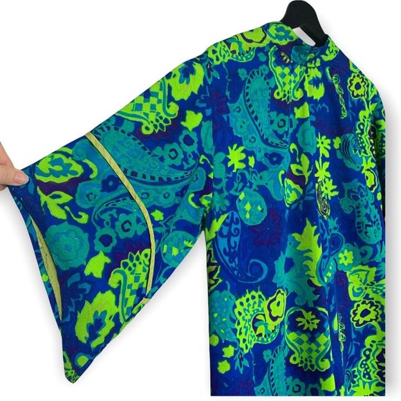 Vintage Handmade 60s Psychedelic Print Full Length High Neck Dress Large - Picture 2 of 11